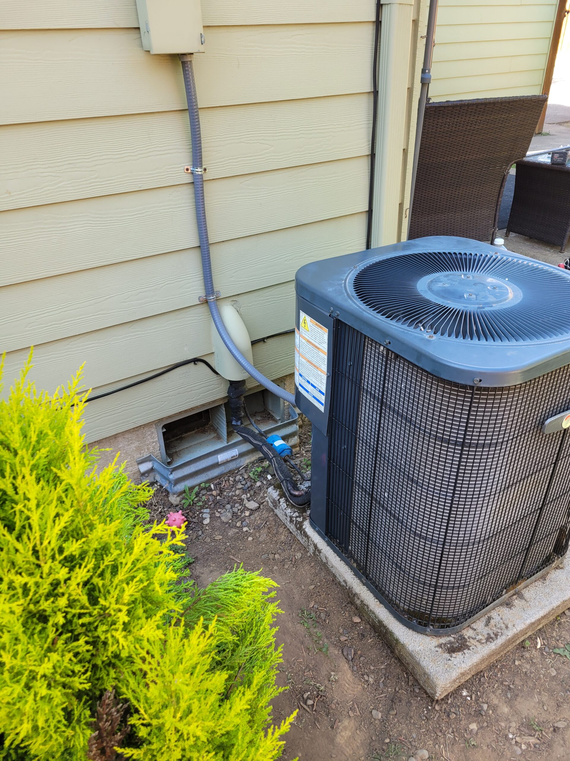 Residential outdoor unit on a concrete pad beside a home, connected by refrigerant lines and surrounded by landscaping
