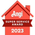 Red house-shaped Angi Super Service Award 2023 badge with white lettering and a dark red ribbon banner