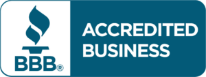 Better Business Bureau Accredited Business badge with teal torch logo and white text on a teal panel