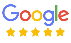 Multicolored Google logo above a row of five gold stars indicating a five-star review rating
