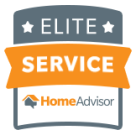 HomeAdvisor Elite Service badge with a gray shield, orange ribbon banner, and white stars