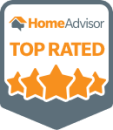 HomeAdvisor Top Rated badge with orange shield shape, house logo, and five orange stars on a gray background