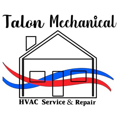 Logo with black outline of a house, red and blue waves through it, script title text, and HVAC Service & Repair tagline